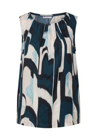 Top senza maniche con scollo rotondo, caratterizzato da un motivo astratto blu e crema, realizzato in tessuto leggero con una texture liscia.