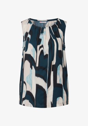 Ärmlös topp med rund halsringning, prydd med ett abstrakt mönster i blått och krämfärgat, tillverkad av ett lätt tyg med en slät textur.