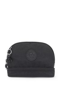 Black zippered pouch with rounded top, textured fabric, a rubber logo patch and a small monkey charm attached to the zipper pull.