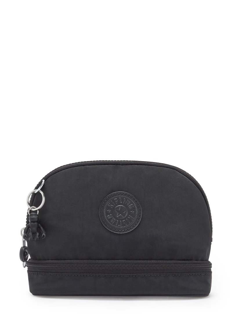 Black zippered pouch with rounded top, textured fabric, a rubber logo patch and a small monkey charm attached to the zipper pull.