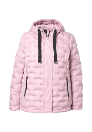 Helle rosa Steppjacke mit Kapuze, schwarzen Kordeln, zwei seitlichen Reißverschlusstaschen und einer gesteppten Textur. Glatte Außenseite.