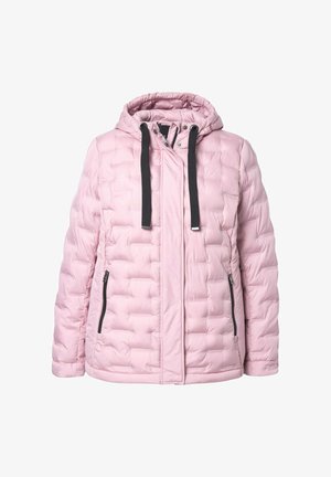 Helle rosa Steppjacke mit Kapuze, schwarzen Kordeln, zwei seitlichen Reißverschlusstaschen und einer gesteppten Textur. Glatte Außenseite.