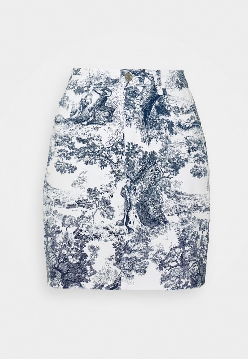 Bomullskjol med en blå och vit toile-design som har träd och djur. Slim fit, hög midja och framknäppning.