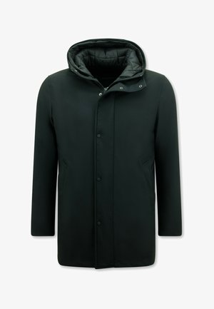 Zwarte waterdichte jas met capuchon, met een gladde buitenkant, ritssluiting aan de voorkant, drukknoopsluiting en zijzakken. Geïsoleerde binnenkant.