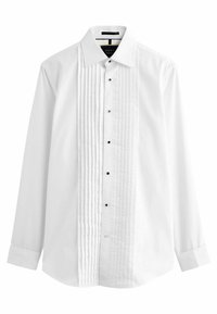 Cămașă albă cu față pliată, nasturi negri, mâneci lungi și guler standard. Fabricată dintr-un material din bumbac neted.