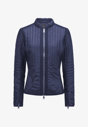 Marineblaue, gesteppte Jacke mit durchgehendem Frontreißverschluss, gepolsterten Ärmeln, hohem Kragen und Reißverschluss an den Ärmelbündchen, entworfen für eine schlanke Passform.