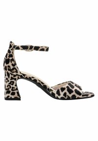 Sandales à talons imprimé léopard noir et beige avec un bout ouvert, une large bride et une bride de cheville réglable ; talon bloc rectangulaire.