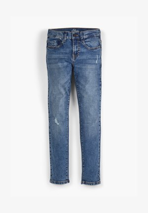 Blå slim-fit denim jeans med let slid på lårene og knæene, front lukning med knap og fem-pockets design.