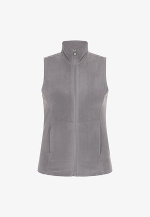 Szara polarowa kamizelka z wysokim kołnierzem, pełnym zapięciem na zamek błyskawiczny i bez rękawów, charakteryzująca się miękką teksturą i gładkimi detalami na szwach.