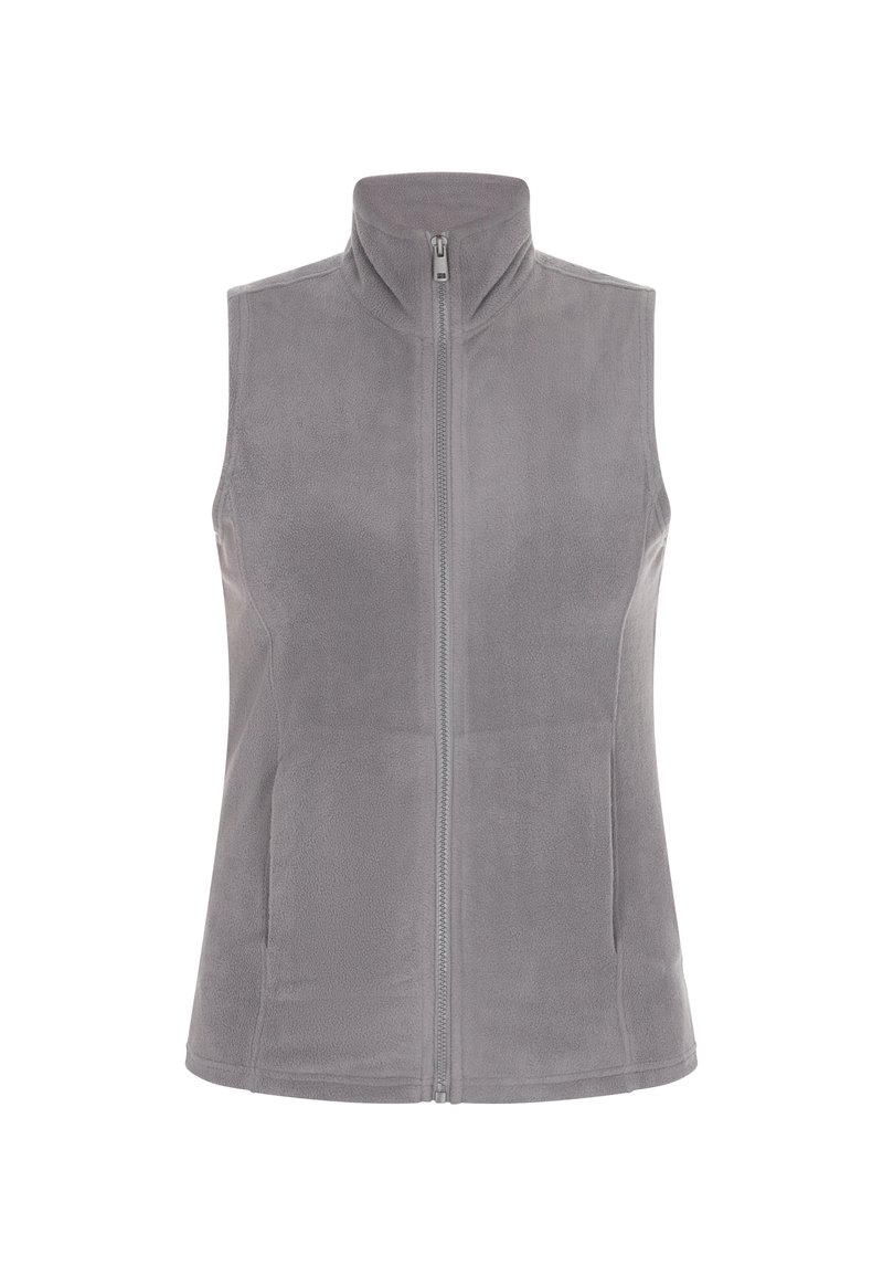 Grauer Fleece-Weste mit hohem Kragen, durchgehendem Reißverschluss und ohne Ärmel, die eine weiche Textur und glatte Nähte aufweist.