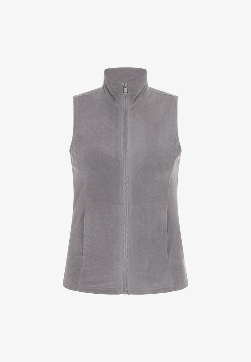 Grauer Fleece-Weste mit hohem Kragen, durchgehendem Reißverschluss und ohne Ärmel, die eine weiche Textur und glatte Nähte aufweist.