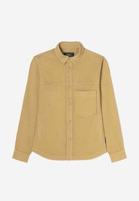 Chemise à manches longues en coton marron clair, dotée d'une fermeture à boutons sur le devant, d'une poche poitrine unique et d'un ourlet arrondi. Texture lisse avec des coutures discrètes.