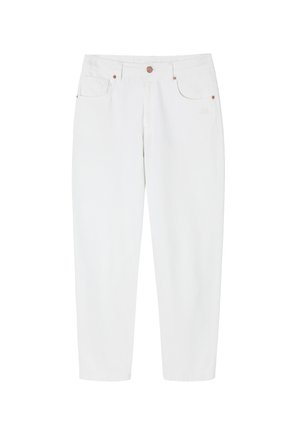 Biele bavlnené nohavice so strihom do rovného strihu, s gombíkovým zapínaním a dvomi prednými vreckami s mediňovými akcentmi.