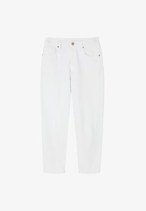 Witte katoenen broeken met een recht gesneden ontwerp, voorzien van een knoopsluiting en twee voorzakken met koperkleurige accenten.