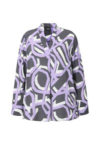 Langärmlige Bluse in Grau, Weiß und helllila geometrischen Mustern. Sie verfügt über einen V-Ausschnitt und einen lockeren Schnitt für zusätzlichen Komfort.