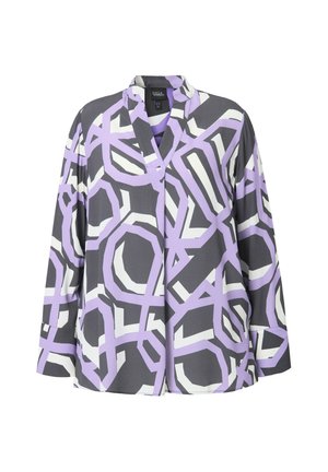 Lange mouw blouse in grijs, wit en lichtpaars met geometrische patronen. Heeft een v-hals kraag en een ontspannen pasvorm voor comfort.