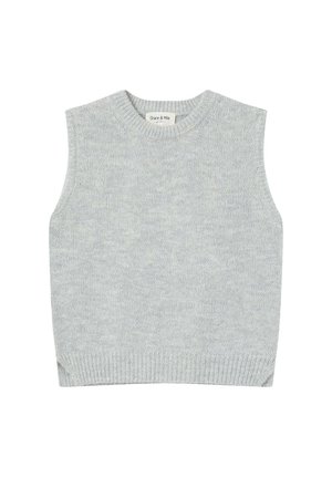 Gilet sans manches en tricot gris clair avec encolure ronde côtelée et ourlet, étiqueté "Grace & Mila" à l'intérieur du col.