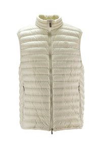 Gilet imbottito leggero di colore crema con colletto alto, chiusura a zip e due tasche laterali. Presenta una texture trapuntata a canali.