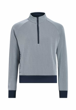 Męski sweter z długim rękawem w pionowe paski w kolorze granatowym i białym, z kołnierzem na pół suwaka, granatowymi mankietami i pasem.