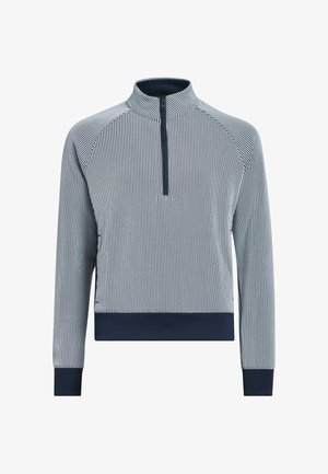 Jersey de manga larga para hombre con rayas verticales en azul marino y blanco, cuello con cremallera hasta la mitad, puños en azul marino y cinturilla azul marino.