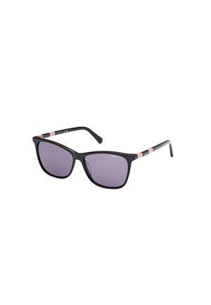 Black sunglasses with square lenses and purple tint. Includes sleek black arms and subtle gold hardware accents on the temple.