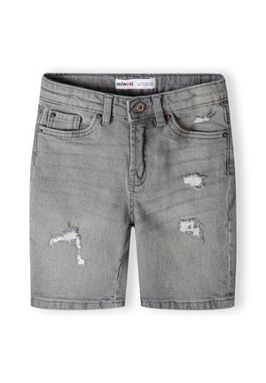 Grå denimshorts med slidte pletter foran, fem lommer, knaplukning og bæltestropper, mærket til børn i alderen 3-4 år.