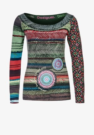 Kolorowa bluzka z długim rękawem, z głębokim dekoltem typu scoop, o różnorodnych wzorach pasków, okrągłych motywach i fakturowanej tkaninie w odcieniach zieleni, czerwieni i niebieskiego.