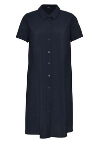 Mörkblå skjortklänning med krage, korta ärmar och vertikal ribbad textur, med en rak passform och knälång fåll.