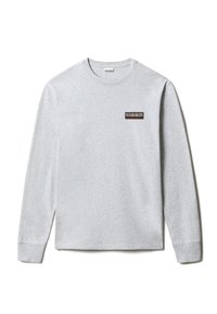 Grijze lange mouwen T-shirt van katoen met een ronde hals, voorzien van een klein zwart en oranje grafisch logo op de linkerborst.