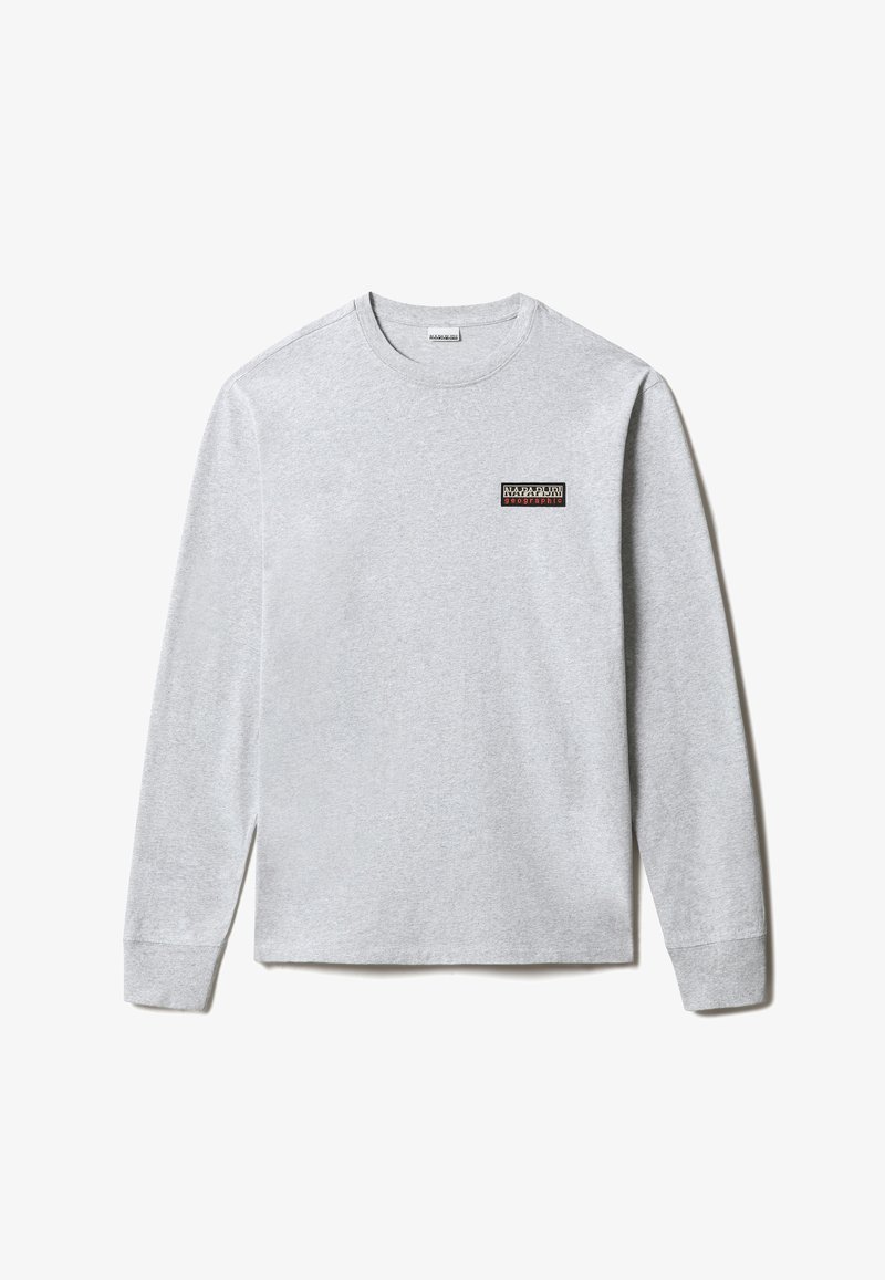 Grijze lange mouwen T-shirt van katoen met een ronde hals, voorzien van een klein zwart en oranje grafisch logo op de linkerborst.