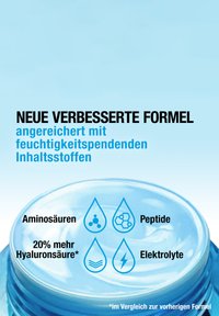 Moisturizing cream in a blue jar, with a smooth light blue surface. Text highlights ingredients: amino acids, peptides, electrolytes, hyaluronic acid.