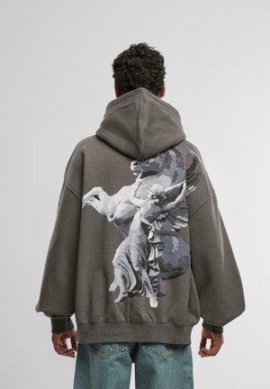Hættebluse i gråt stof med et stort grafisk motiv af en vinget figur med en hest på ryggen. Løs pasform, ribbede manchetter.