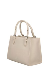 Borsa strutturata beige in pelle grana con due manici superiori, hardware in tonalità argento e una forma rettangolare elegante.