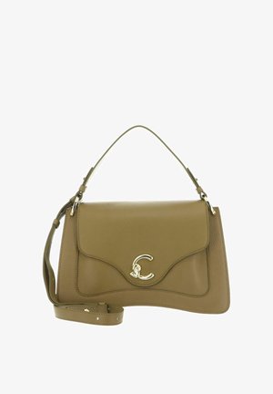 Tan leather handbag with top handle, adjustable shoulder strap, and gold-tone decorative clasp on front flap.