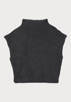 Tmavě šedý zkrácený svetr s vysokým límcem, vyrobený z texturovaného pleteného materiálu, s krátkými rukávy a rovním spodním lemem.