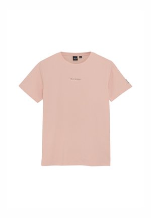 Lyserød T-shirt med korte ærmer og rund hals med lille centreret tekst "RELLIX THE ORIGINAL" og mærkeetiket på venstre ærme.