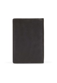 Černá kožená peněženka s hladkým povrchem, obdélníkovým tvarem, čistými okraji a bez viditelného kování nebo vzorů. Minimalistický design.