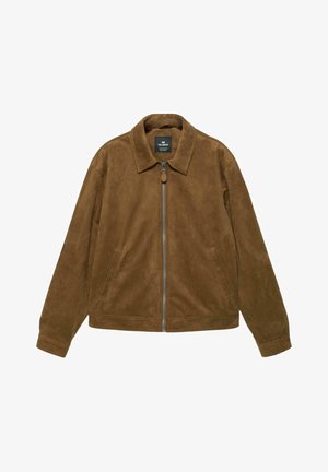 Veste zippée en suède marron avec col et deux poches latérales, coupe décontractée et manches longues.