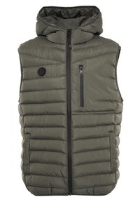 Veste matelassée vert olive avec capuche, dotée d'une fermeture éclair frontale, de poches latérales et d'une poche poitrine. Design matelassé texturé sur toute la surface.