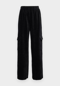 Zwarte corduroy cargo broek met een losse pasvorm, voorzien van zijzakken en een elastische tailleband voor comfort. Getextureerde, geribde stof.