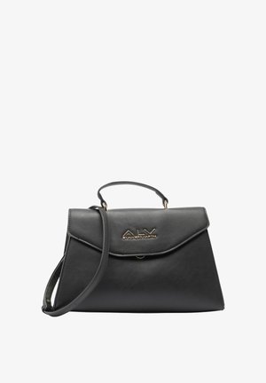 Borsa a mano in pelle nera dal design strutturato, con logo in tono oro, tracolla staccabile e manico superiore. Presenta una patta pieghevole.