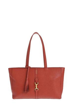 Sac fourre-tout en cuir marron avec double anses, détail de frange à l'avant et décoration en boucle en ton doré.
