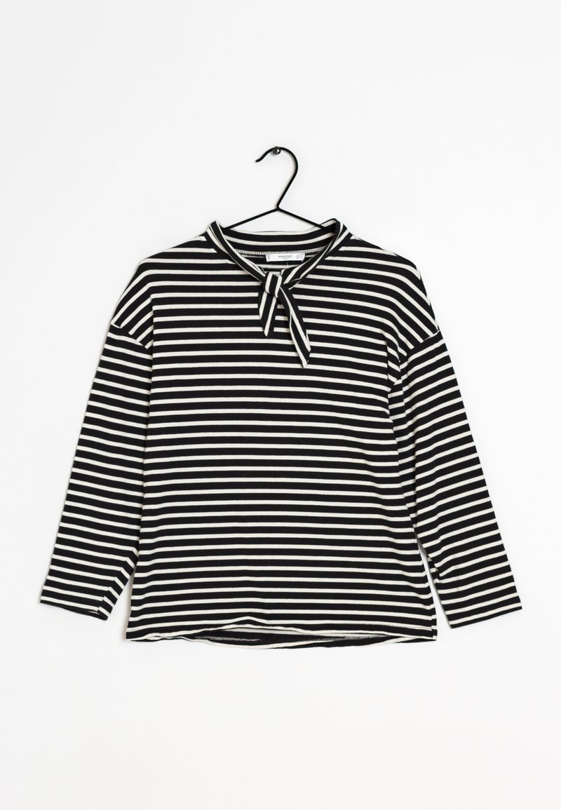 Černobíle pruhovaný dlouhý rukáv top s kulatým výstřihem a mašlí na límci. Vyrobeno z měkké, hladké tkaniny.
