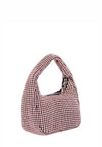 Růžová kabelka zdobená rhinestony s zakřivenou rukojetí a zipovým uzávěrem. Texturovaný povrch s geometrickým vzorem. Kompaktní obdélníkový tvar.