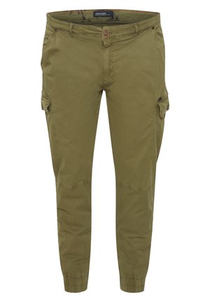Olive green cargo pants with a tapered fit, featuring side pockets, a button closure, and elastic cuffs at the ankles. Smooth texture.