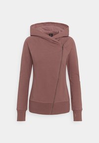 Lynlås hoodie i støvet rose farve, med et unikt crossover-design, lange ærmer og ribbede manchetter med tommelfingerhuller. Blødt bomuldsblandingsmateriale.