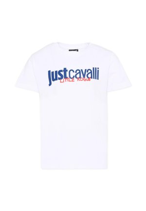 T-shirt bianca a maniche corte con la scritta "Just Cavalli" in grandi lettere blu navy e "Little Rogue" in lettere più piccole di colore rosso sotto, sul davanti.
