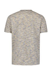T-shirt à manches courtes en tissu doux avec un motif rayé horizontal multicolore bleu, jaune et blanc. Design à col rond.