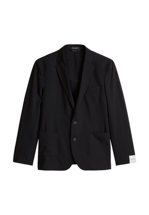 Zwarte single-breasted blazer met inkeping revers, twee knopen aan de voorkant, opgestikte zakken en een label op de linker mouweind.