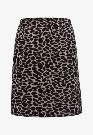 Una gonna beige con un motivo a stampa animale nera, dalla forma dritta e con una texture liscia. La vita è semplice e aderente.